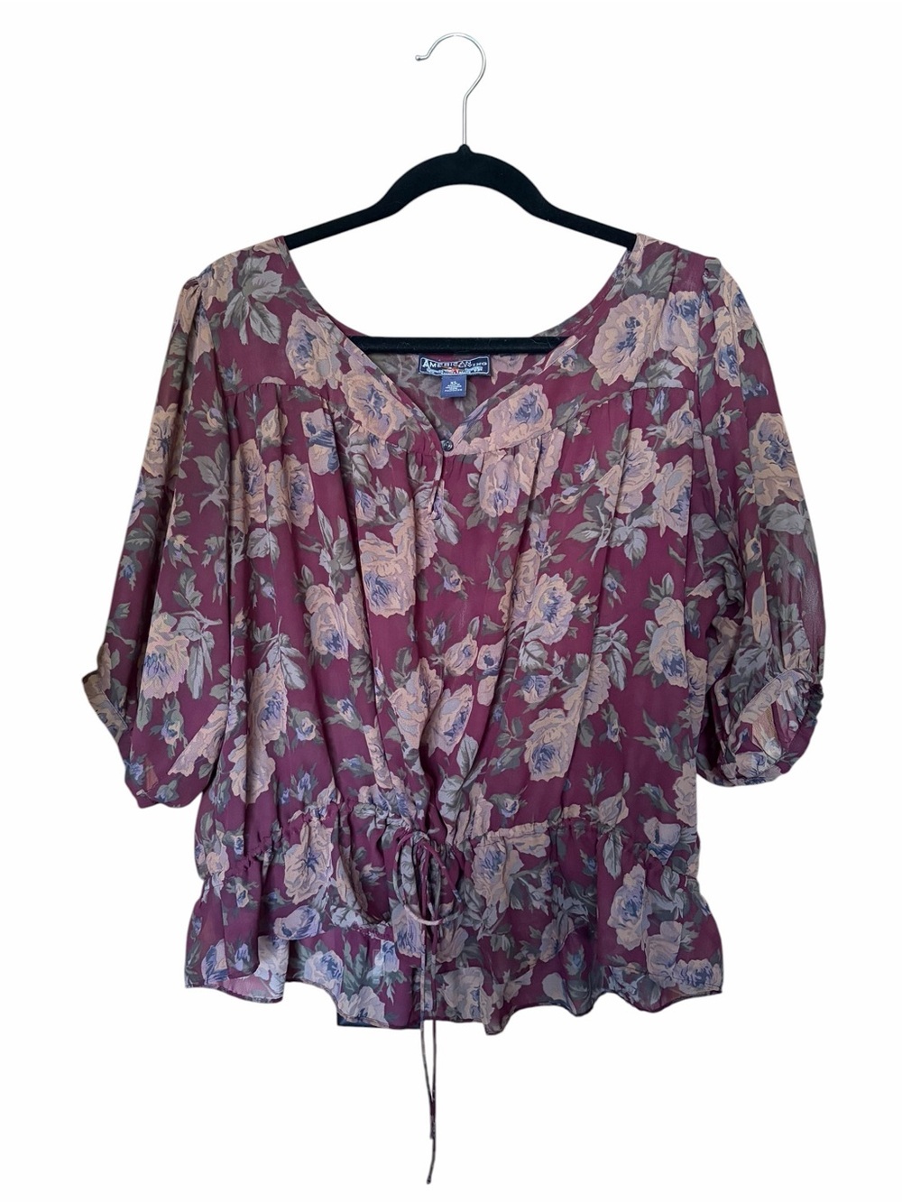 American Living Burgundy Floral Sheer Drawstring Peasant Blouse